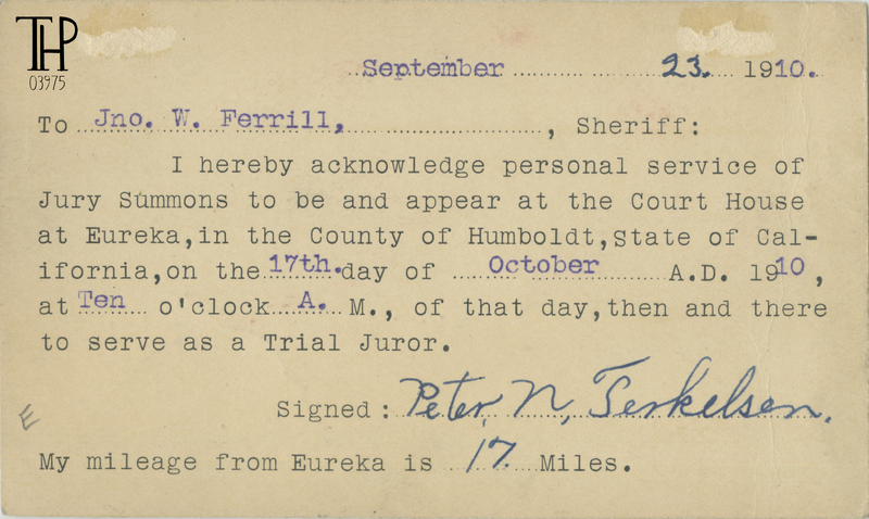 Jury Duty Postal Card mailed from Port Kenyon - 1910
