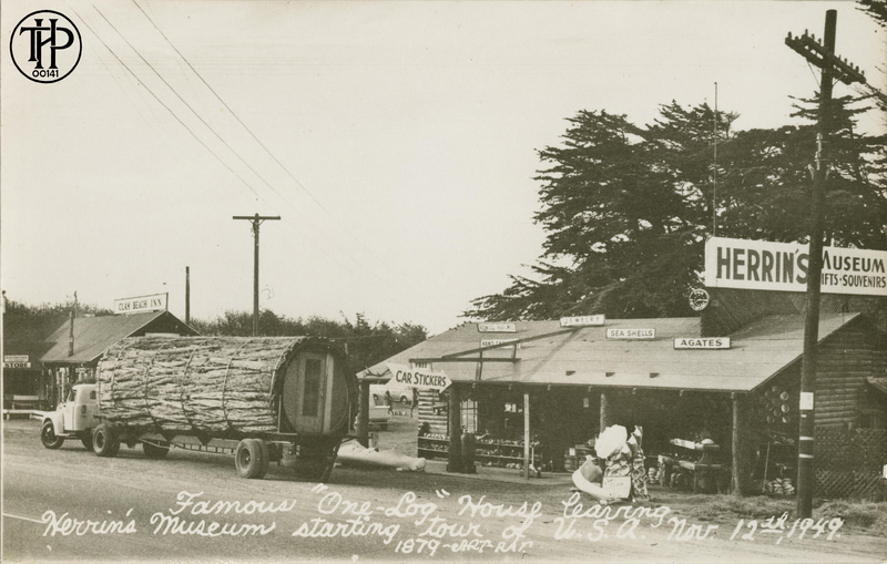 Famous ''One-Log'' House leaving Herrin's Museum starting tour of U.S.A. Nov. 12th, 1949