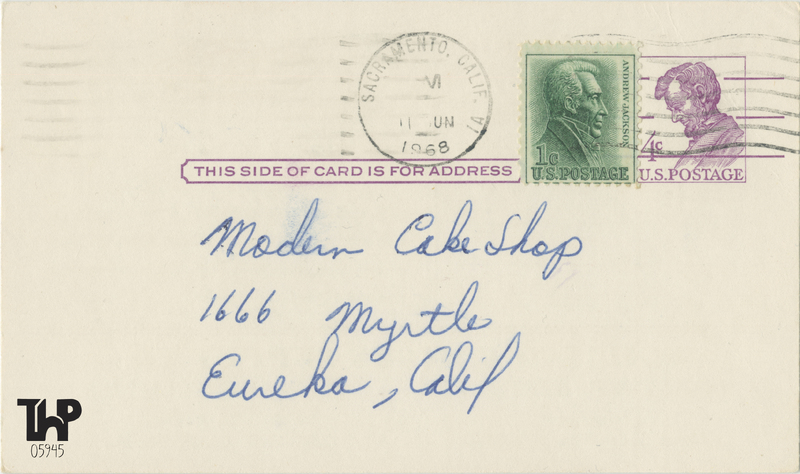 1968 Domasco Baker Supply Co. reminder card to Modern Cake Shop of Eureka, Cal
