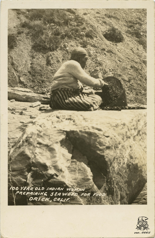 Elderly Indian woman preparing seaweed for food - Orick