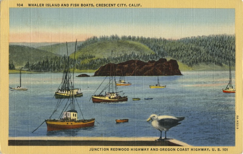 104 Whaler Island and Fish Boats, Crescent City - Junction Redwood and Oregon Coast Highway, U.S. 101 - Curt Teich 8A-H3219