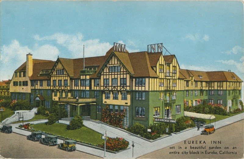 EUREKA INN set in a beautiful garden on an entire city block in Eureka, California - Curt Teich